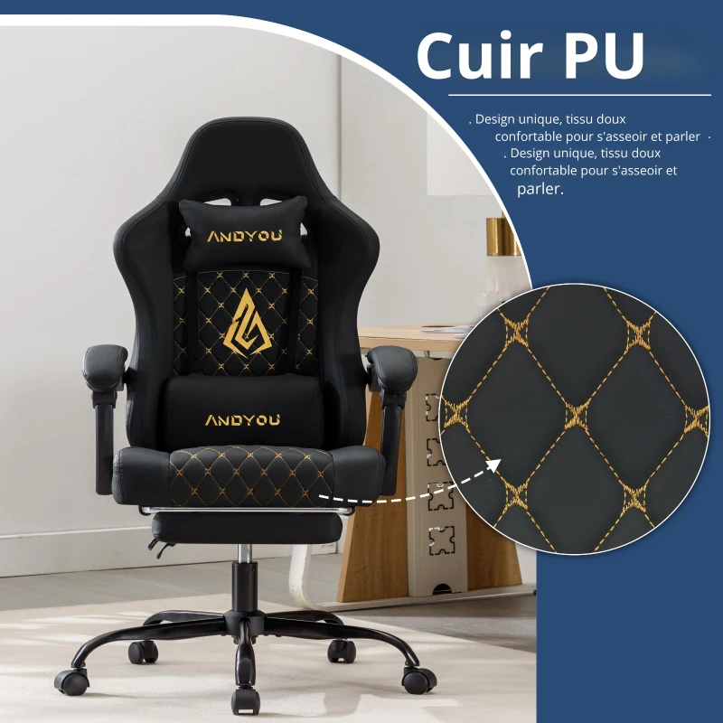 Fauteuil gamer avec repose-pieds, coussin doux pour la nuque et les lombaires, coussin de soutien amovible, 60x60x122 cm, Noir
