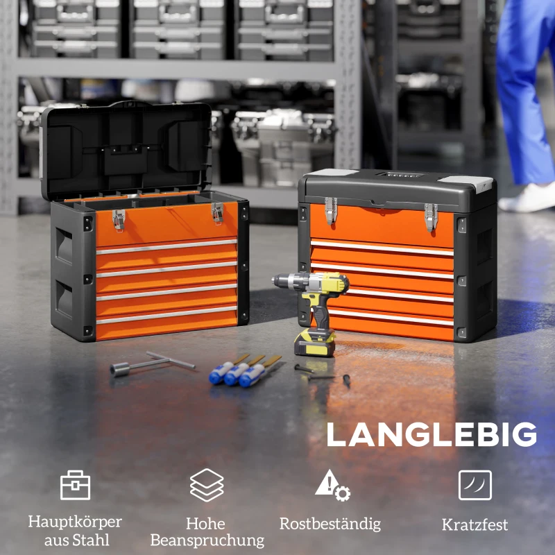 HOMCOM Lege gereedschapskist, 49,7 x 25,3 x 40,7 cm, gereedschapskoffer met 4 laden, mini-box, staal, oranje