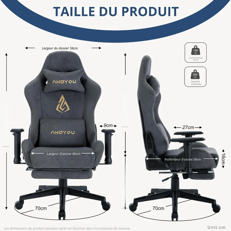 Chaise gaming avec repose-pieds, simili-suède respirant, réglable en hauteur avec vérin à gaz, pivotante, 70x70x135 cm, Gris