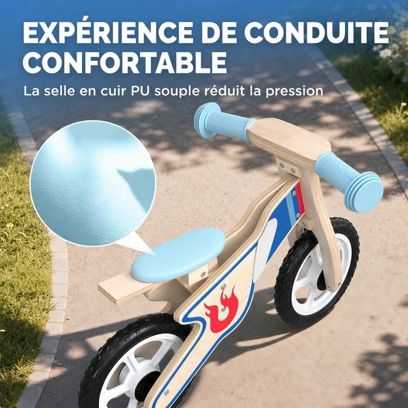 AIYAPLAY Draisienne Enfants Vélo Bébé sans Pédales avec Selle Réglable en PU, pour 3-5 Ans Jusqu'à 50 kg, Bois Naturel