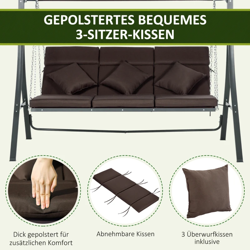 Outsunny Hollywood-schommel, voor 3 personen, verstelbaar zonnedak, tot 270 kg, bruin, 198 x 118 x 168 cm