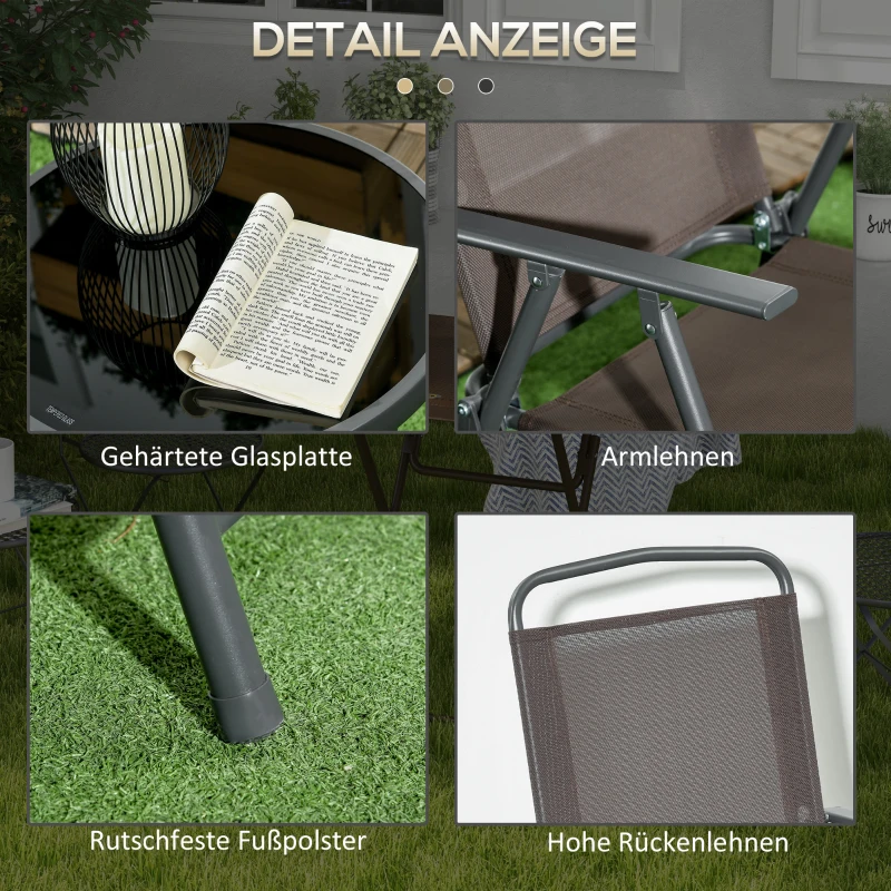 Outsunny Weerbestendige Metalen Bistroset 3-delig met Inklapbare Glastafel en Tuinstoelen - Bruin