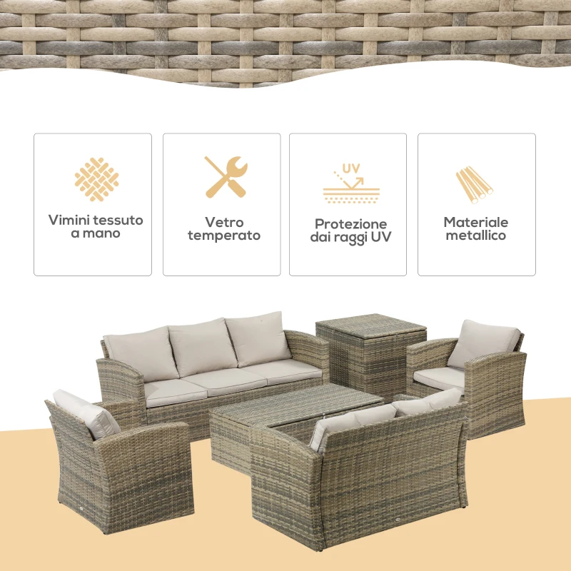 Outsunny Set da Giardino 6 Pezzi in Rattan con Divani, Poltrone e Tavoli Contenitore, Beige