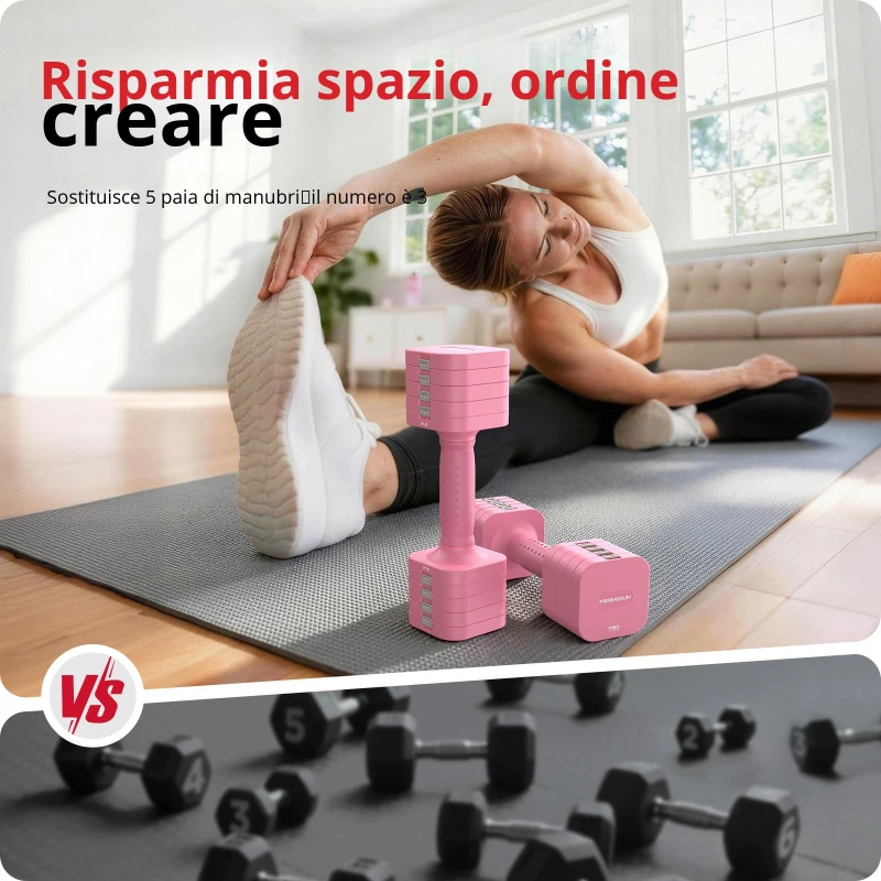 Set manubri regolabili 5‑in‑1 (2 pezzi), Dual‑Lock, impugnatura morbida in TPU, 29,5x24,5x13 cm, Rosa