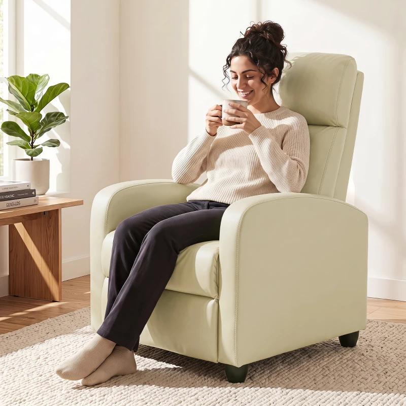 HOMCOM Recliner Armchair, Massage Faux Leather Push Back Reclining Chair with Adjustable Leg Rest, Side Pocket, Cream White