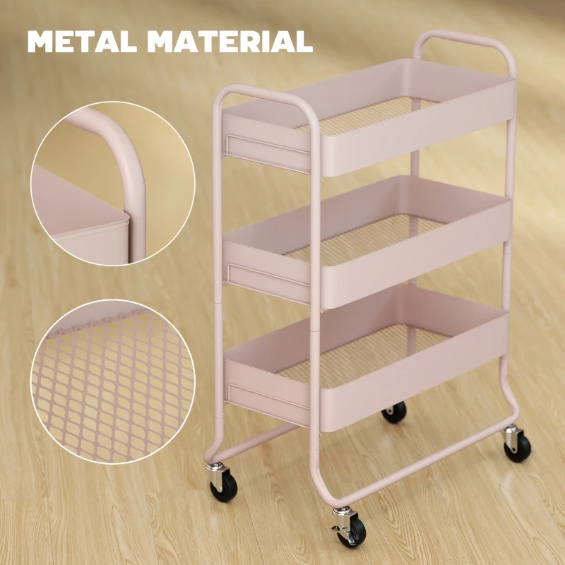 HOMCOM 3-Tier Storage Trolley on Wheels, Rolling Utility Cart with Mesh Backets for Kitchen, Bathroom, Bedroom, Light Pink