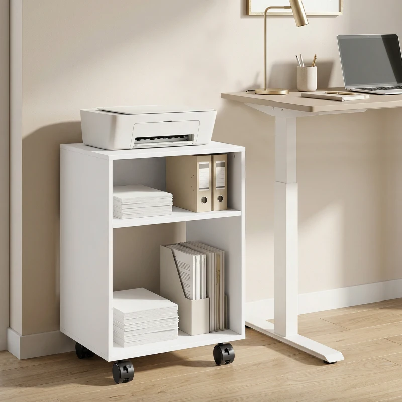 HOMCOM Mobile Porta Stampante in Legno con Ruote a Freno e 2 Scomparti Aperti, 40x35x55 cm, per Ufficio Studio, Bianco