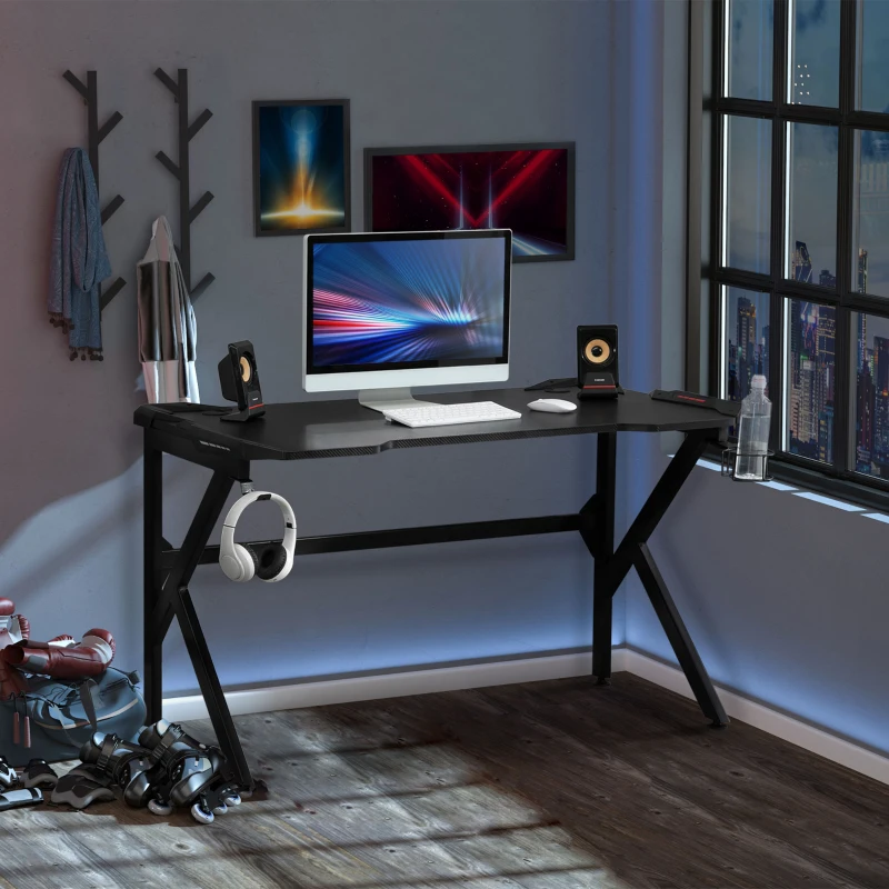 HOMCOM Bureau gaming bureau gamer bureau informatique support casque porte-gobelet passe-câbles inclus métal MDF texture fibre carbone 120 x 66 x 75 cm noir