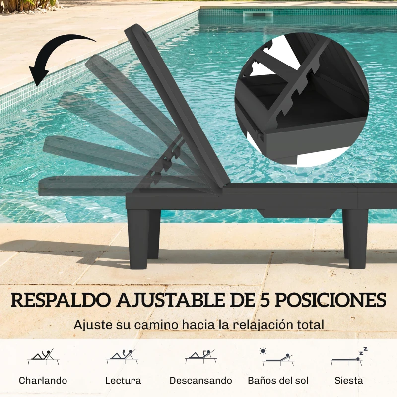 Outsunny Conjunto de 2 Tumbonas Reclinables de Plástico PP con Bandeja Lateral Respaldo Ajustable 5 Niveles 192x57x28,5 cm Negro