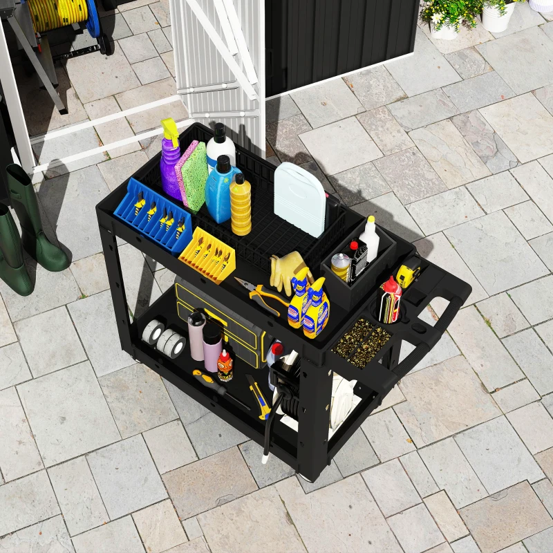 HOMCOM Gereedschapswagen, 2-Laagse Schappen, Handgreep, Wielen, Kunststof, Zwart