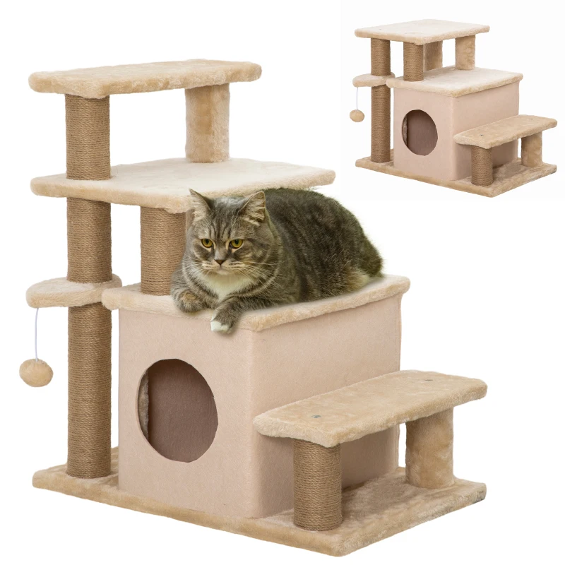 PawHut Huisdierentrap, Krabpaal, 4 treden, Speelbal, Huisje, Verstelbaar in hoogte, 60 x 40 x 66 cm, Beige(m-11)