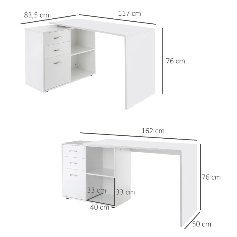 HOMCOM Mesa de Ordenador Escritorio Mesa Esquinera Oficina 2 Formas con 2 Estantes 3 Cajones Mesa de Despacho Escuela Estudio Madera Blanco