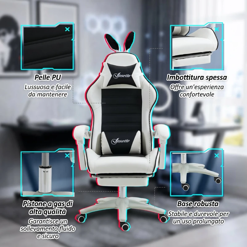 Vinsetto Sedia Gaming con Orecchie da Coniglio, Poggiapiedi, Cuscini, Reclinabile e Altezza Regolabile, Nero