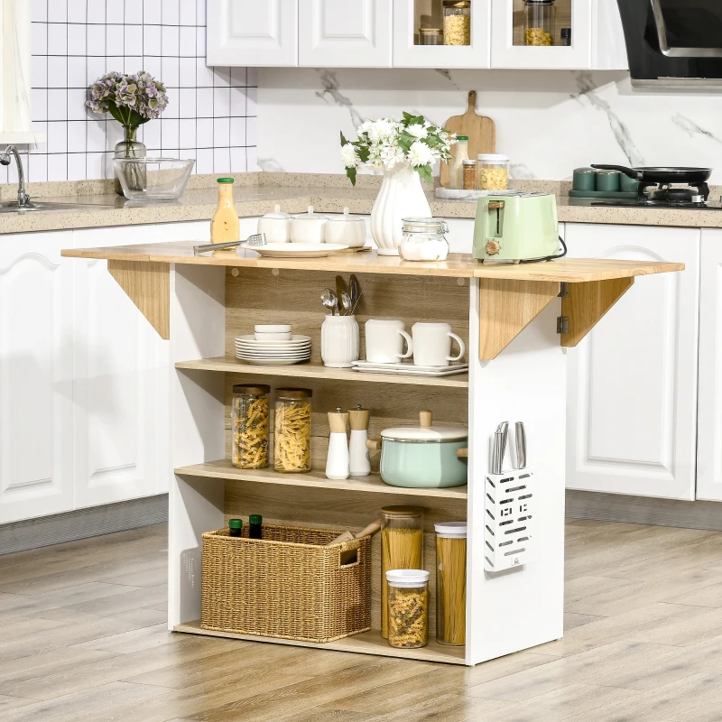 HOMCOM Ilot central cuisine meuble de rangement cuisine de service avec plan de travail rabattable en bois de caoutchouc et 2 étagères - 140 x 55 x 91 cm