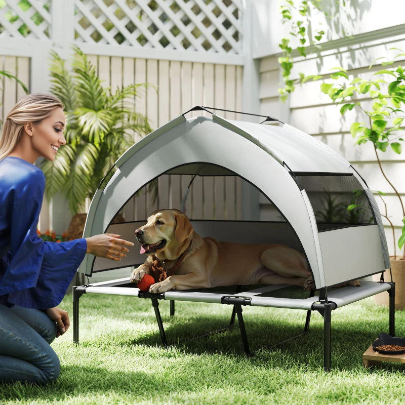 PawHut Lettino per Cani con Copertura a 3 Lati Rimovibile, in Poliestere e Acciaio, 106x76x94 cm, Grigio Chiaro e Nero