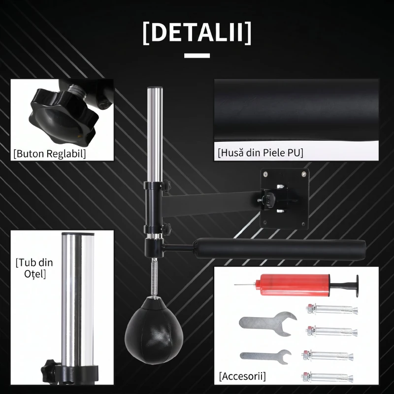 HOMCOM Speed Bag montabilă pe perete pentru box și MMA, cu înălțime reglabilă și suport, din oțel și PU, 79x72x20 cm, neagră