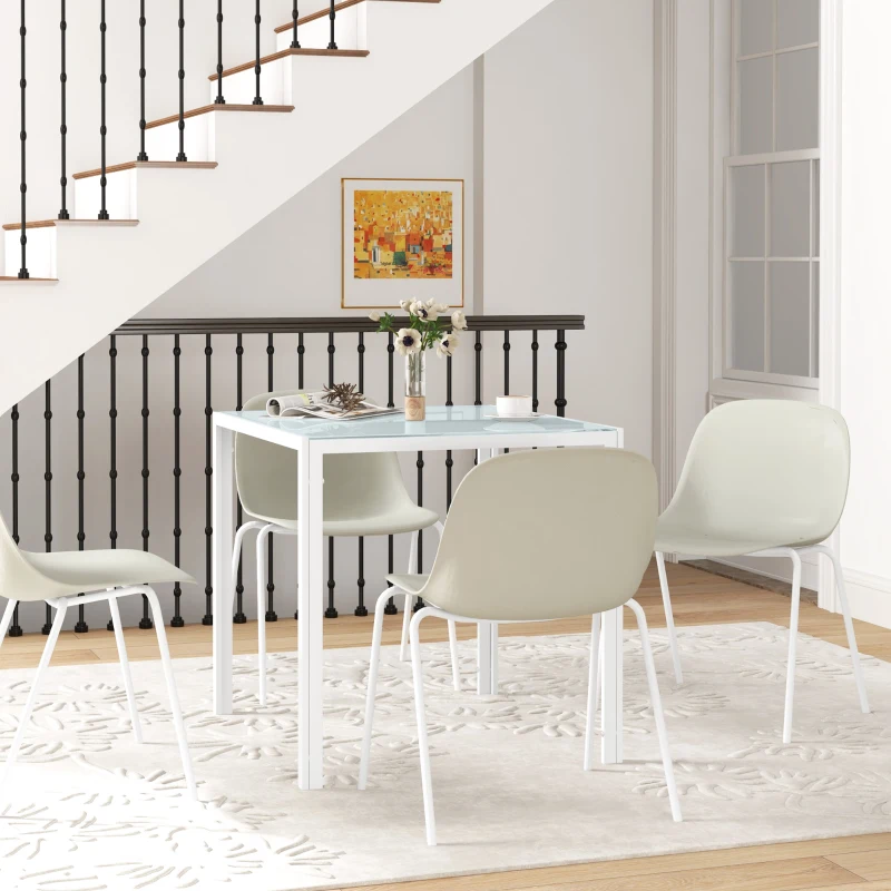HOMCOM Quadratischer Esstisch für 4 Personen, Tischplatte aus Hartglas, für Küche und Esszimmer, 75 x 75 x 75 cm, Weiß
