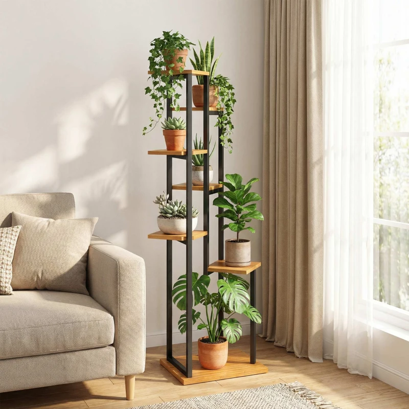 Outsunny 7-lagen Plantenstandaard, 130 cm hoge Bloemenstandaard, Trapsgewijs Plantenrek van Hout, Meerlagig Lichtbruin