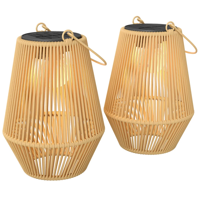 Outsunny Lot de 2 lanternes solaires suspendues extérieur, lampes de jardin en résine tressée avec allumage automatique, marron