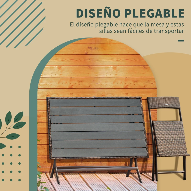 Outsunny Conjunto de Jardín Incluye Mesa 120x70x71 cm y 6 Sillas Plegables de Ratán Sintético para Exterior 61x46x84 cm Marrón