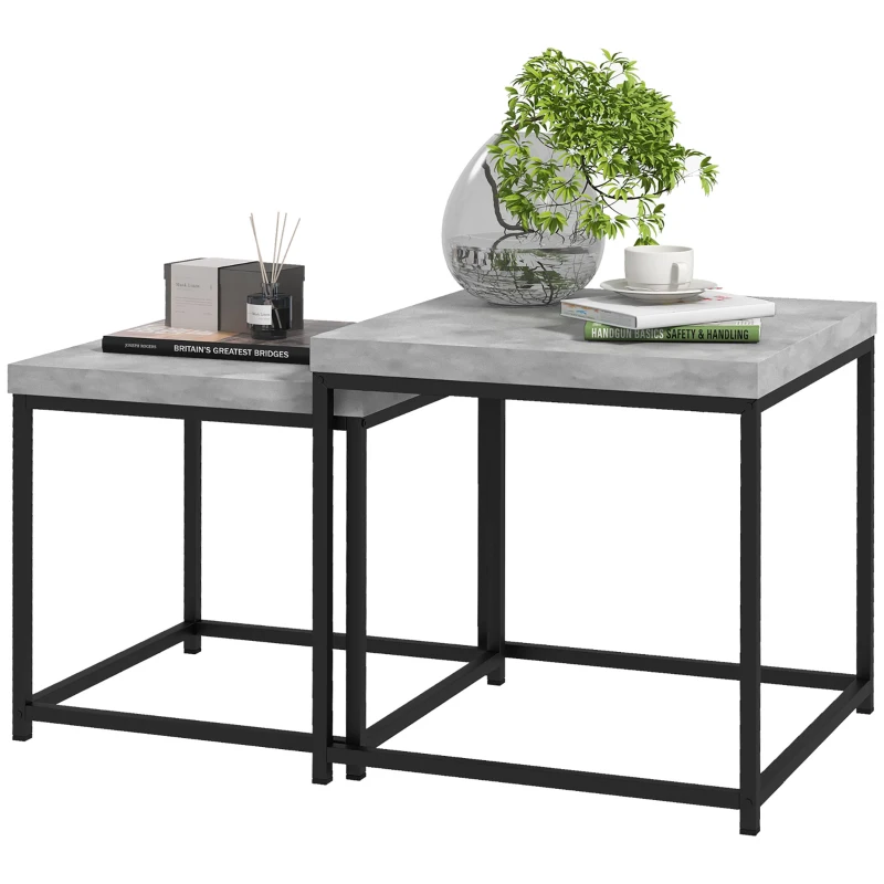 HOMCOM Lot de 2 tables gigognes tables basses carrées tables de salon cadre en acier et plateaux en bois gris