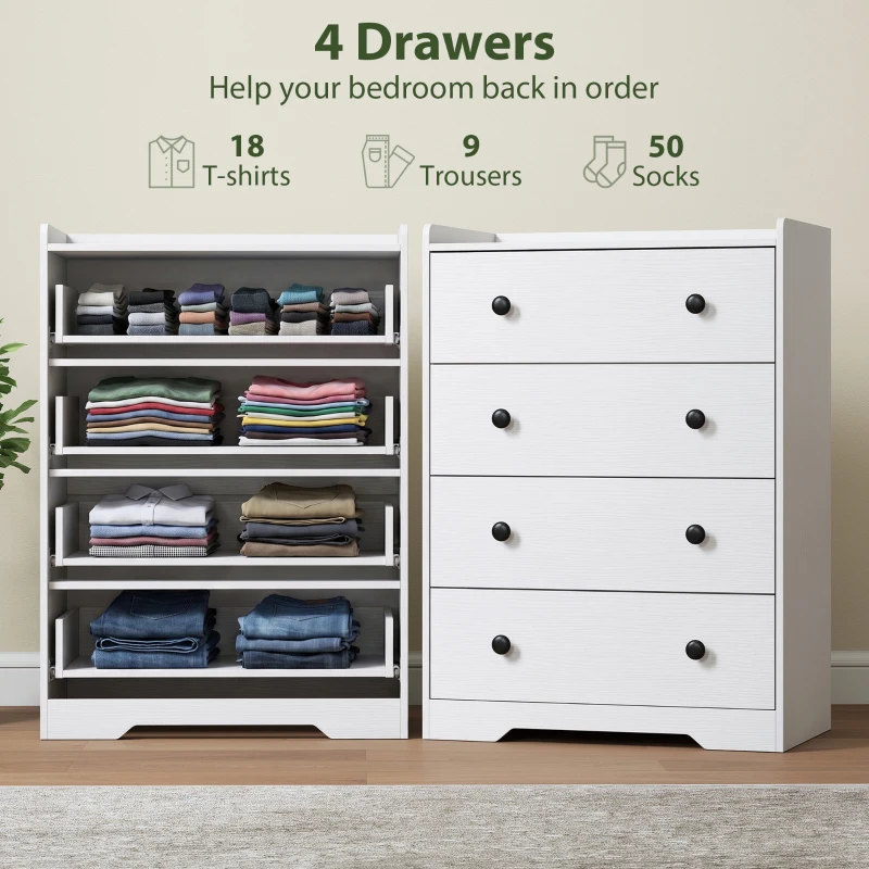 HOMCOM 4 Drawer Chest of Drawers, Modern Dresser for Bedroom, Storage Cabinet for Living Room Entryway, White Wood Effect
