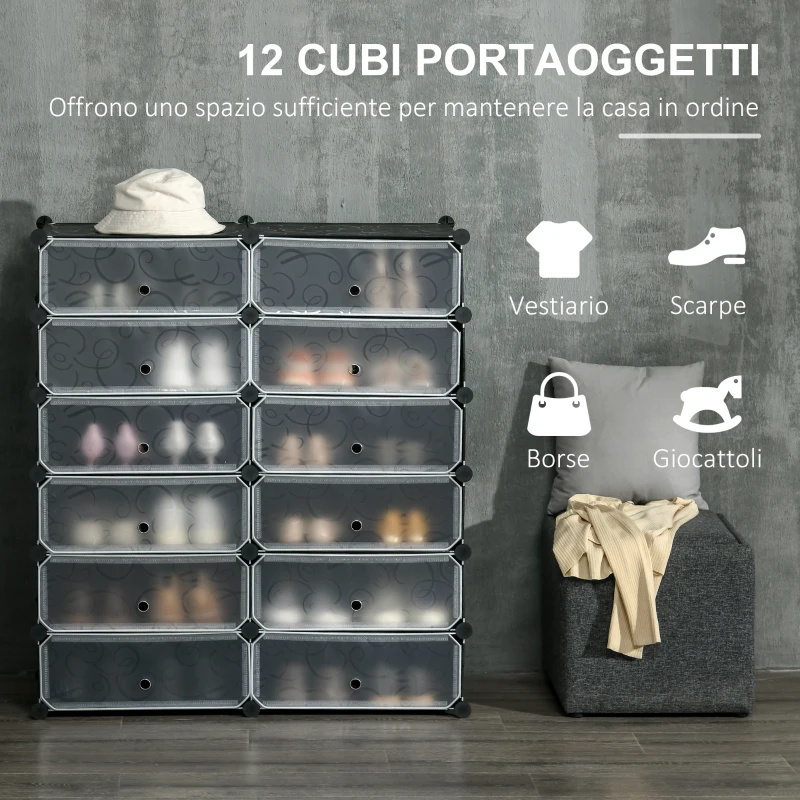 HOMCOM Mobile Scarpiera Modulare Salvaspazio, 12 Cubi 45x35x16 cm in Acciaio e PP, Nero e Bianco