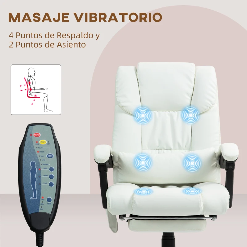 Vinsetto Silla de Oficina con Masaje de 6 Puntos Respaldo Alto Reclinable Altura Ajustable Reposapiés y Mando a Distancia Blanco