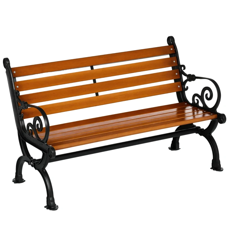Outsunny Tuinbank voor 2 personen, decoratieve armleuningen, voor tuin en terras, gietaluminium + natuurlijk hout, 120 x 64 x 79 cm, teak(m-11)