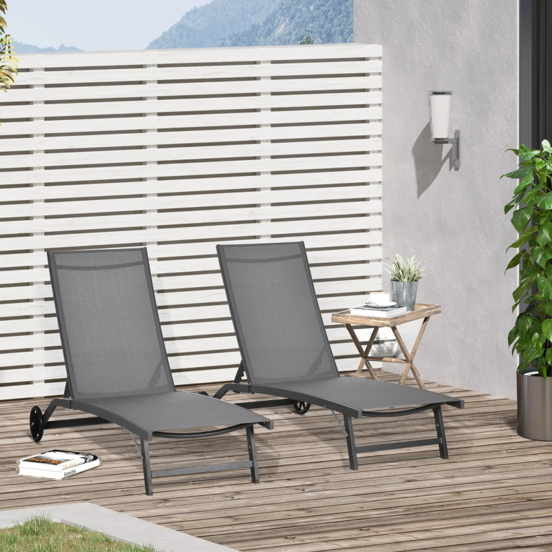 Outsunny Set 2 Lettini Prendisole con Schienale Reclinabile, in Alluminio e Tessuto Traspirante, 66x165x102 cm, Grigio Scuro