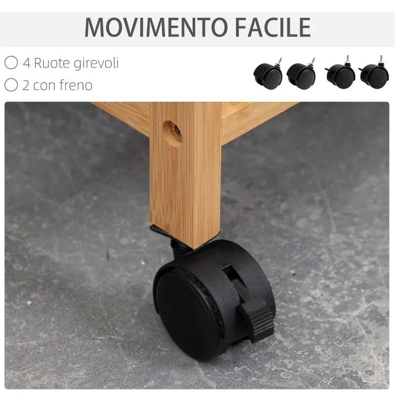 HOMCOM Cesto Portabiancheria con 2 Scomparti e Ruote, Sacchi in Tessuto e Struttura in Bambù, 42x35x84.5cm