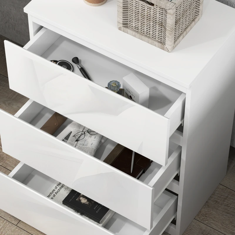 HOMCOM Cómoda con 3 Cajones Cómoda de Dormitorio Moderno con Diseño Anti-vuelco 55x34x75 cm Blanco Brillo