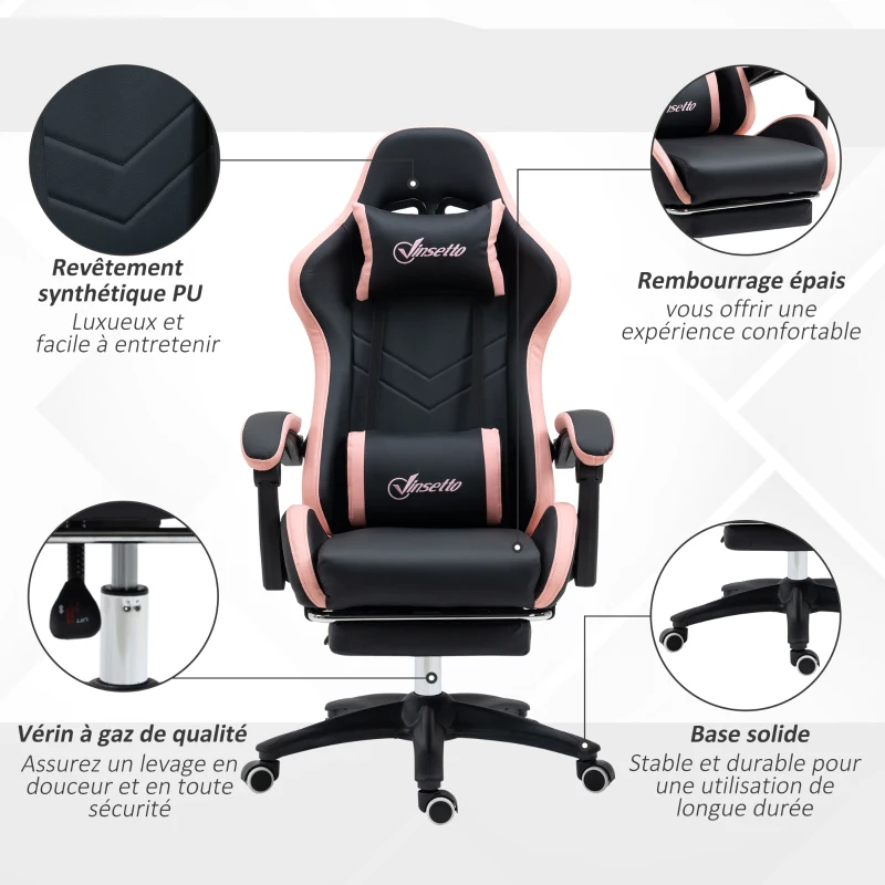 Vinsetto Chaise gaming fauteuil gaming ergonomique avec dossier inclinable à 135° et soutien lombaire, 65 x 65 x 121-129 cm rose