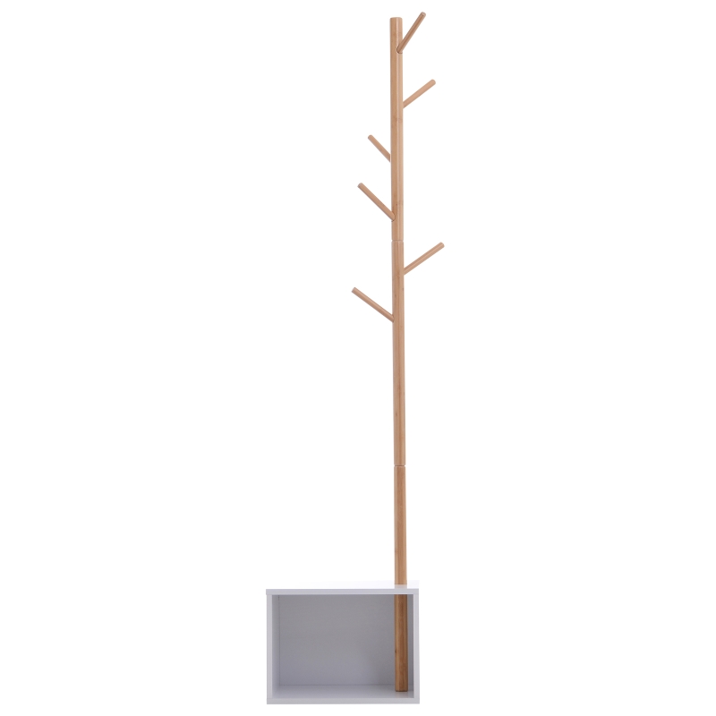 HOMCOM® garderobestandaard met zitbankje en opbergruimte | boomdesign | 6 haken | 40 x 30 x 180 cm | wit, naturel | Aosom.de