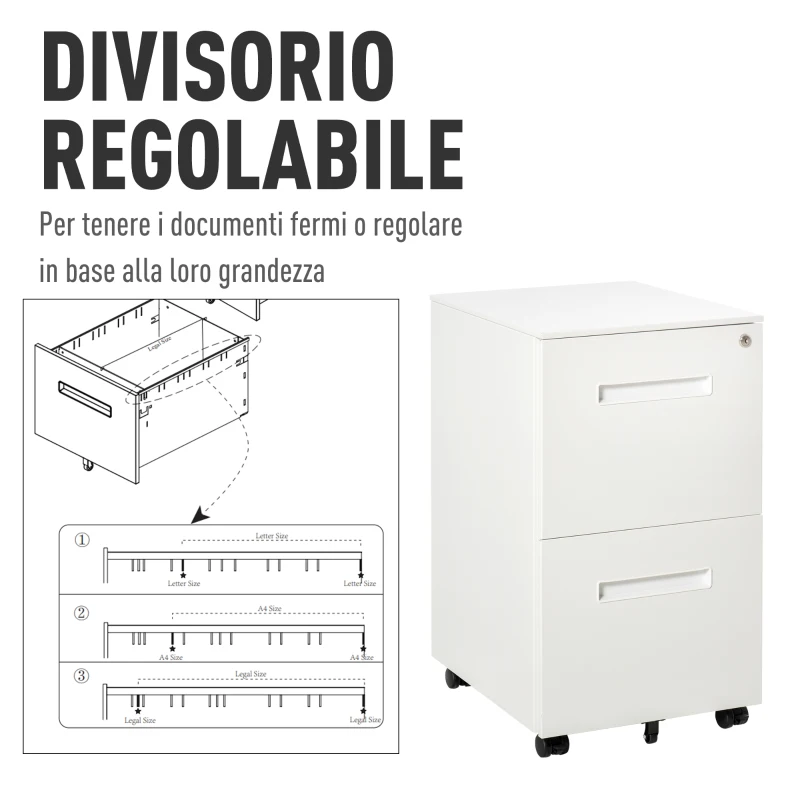 Vinsetto Cassettiera Ufficio con Ruote, Schedario Portadocumenti a 2 Cassetti con Serratura e 2 Chiavi in Acciaio, 39x48x67cm, Bianco