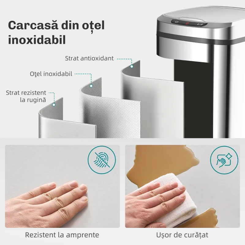 HOMCOM Coș de Gunoi 12L cu Senzor Infraroșu și Recipient Detasabil, din Oțel Inoxidabil, ABS și PP, 28x22x41 cm, Argintiu