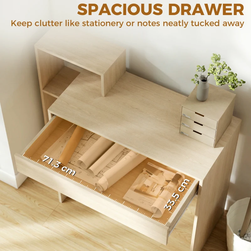 HOMCOM Desk with Storage, Computer Desk with 3 Open Shelves and Drawer, Workstation, Computer Table, Natural