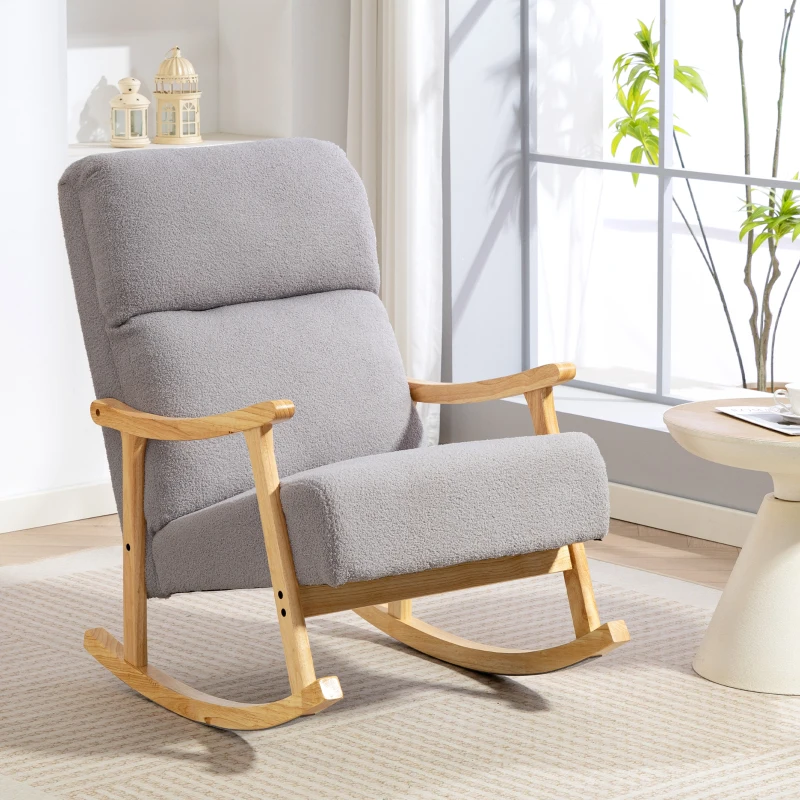 HOMCOM Silla Mecedora de Borreguito con Patas y Reposabrazos de Madera de Caucho Mecedora Carga 120 kg Gris Claro