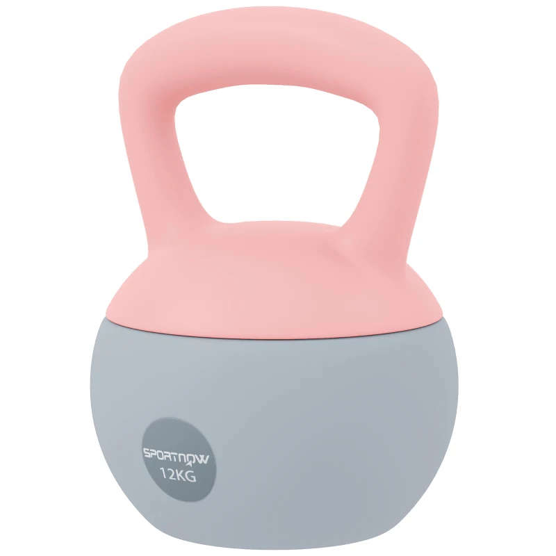 SPORTNOW Pesa Rusa 12 kg Kettlebell Relleno de Arena Metálica Mango Antideslizante para Entreno en Casa 21x21x30 cm Rosa y Gris