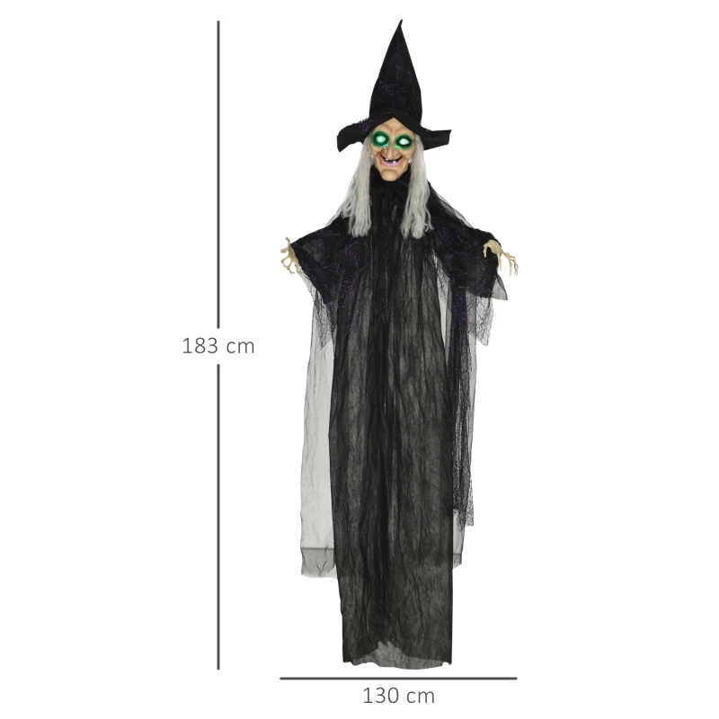 HOMCOM Halloween-heks, Halloween-decoratie, geluidsfunctie, met bewegingssensor, LED-lichten, 130 cm x 18 cm x 183 cm