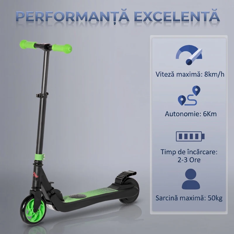 HOMCOM Trotinetă Electrică Pliabilă pentru Copii 6+ Ani cu Înălțime Reglabilă, 71x36.5x75-80 cm, Negru și Verde