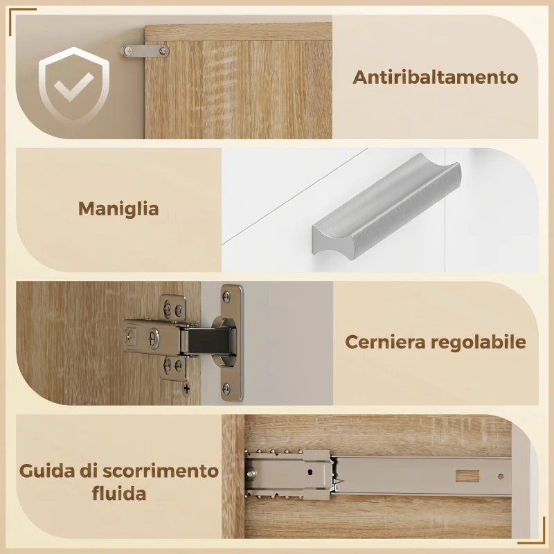HOMCOM Credenza Cucina con Ripiani Aperti, 4 Armadietti e Cassetto, in Legno e Metallo, 120x40x175 cm, Bianco e Legno
