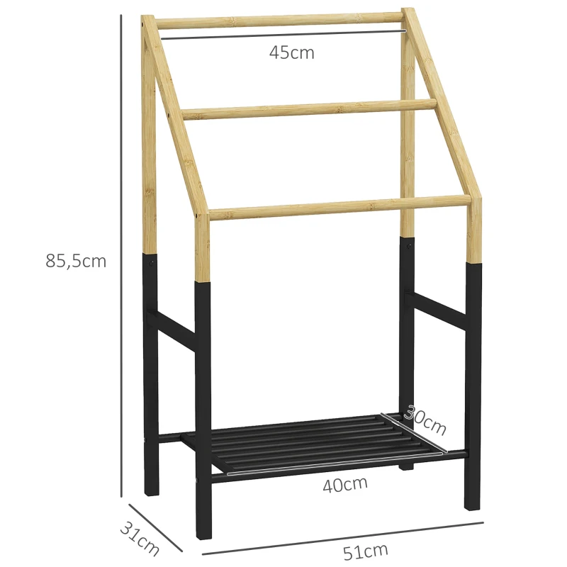 HOMCOM Portasciugamani a Terra con 3 Barre e Ripiano Inferiore, in Bambù e Acciaio, 51x31x85.5 cm, Nero e color Legno