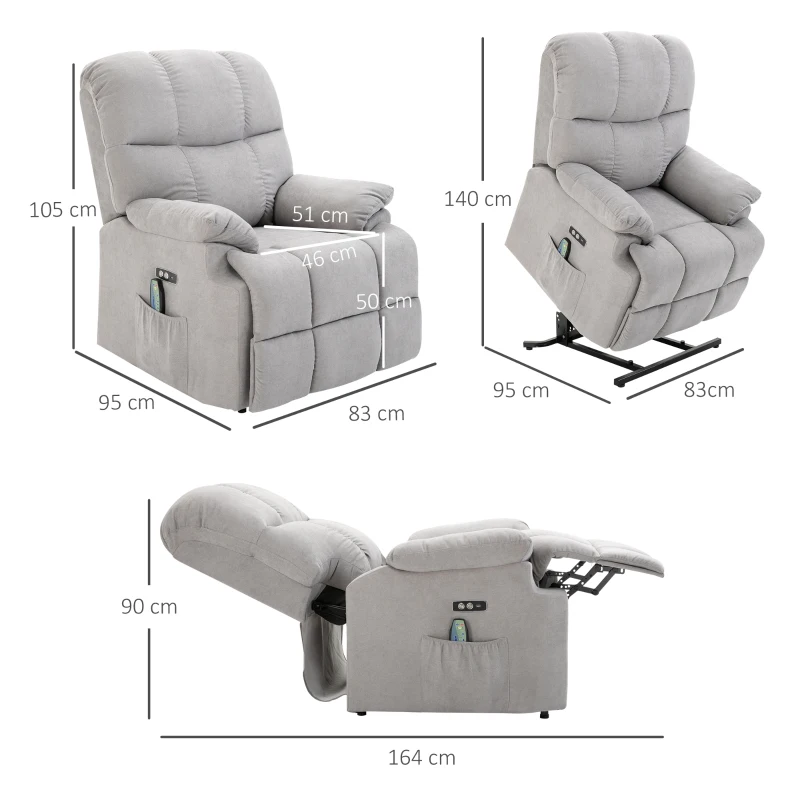 HOMCOM massagestoel opstahulp relaxstoel met verwarmingsfunctie verstelbare hoek USB afstandsbediening kort pluche grijs 83 x 95 x 105 cm(m-3)