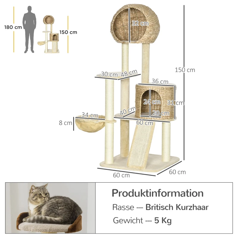PawHut kattenboom, met kattenhuis, meerdere platforms, hangmat, krasmat, kantelbescherming, beige, 60 x 60 x 150 cm