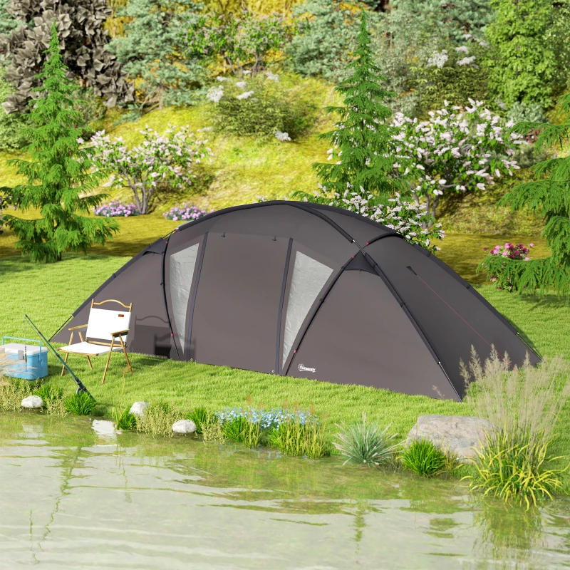 Outsunny Tente de camping familiale pour 4-6 personnes, tente tunnel imperméable 3000 mm avec 2 portes, sac de transport, noir