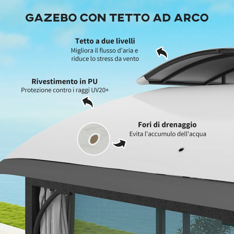 Outsunny Gazebo da Giardino 4x3 m con Zanzariere e Doppio Tetto, in Metallo e Poliestere Grigio Chiaro