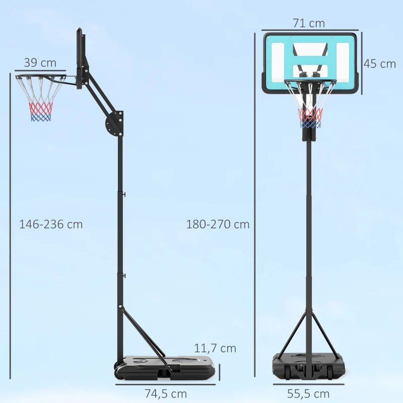 SPORTNOW Basketballkorb, 146-236 cm höhenverstellbar, Basketballständer, rollbar, Stahl, Kunststoff, Schwarz