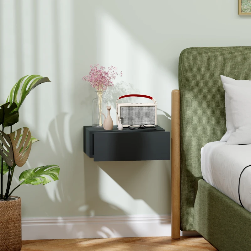 HOMCOM Comodino Sospeso Moderno con Cassetto, in Legno, 40x30x15 cm, Nero