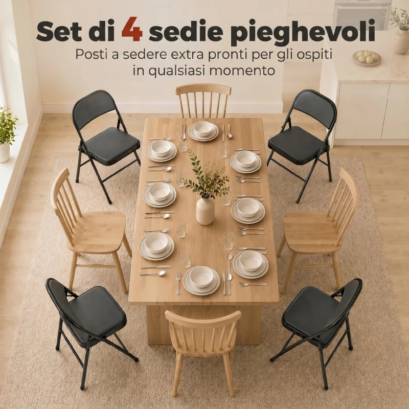 HOMCOM Set 4 Sedie Pieghevoli Imbottite in Finta Pelle PU e Metallo, 45x46x78 cm, Nero